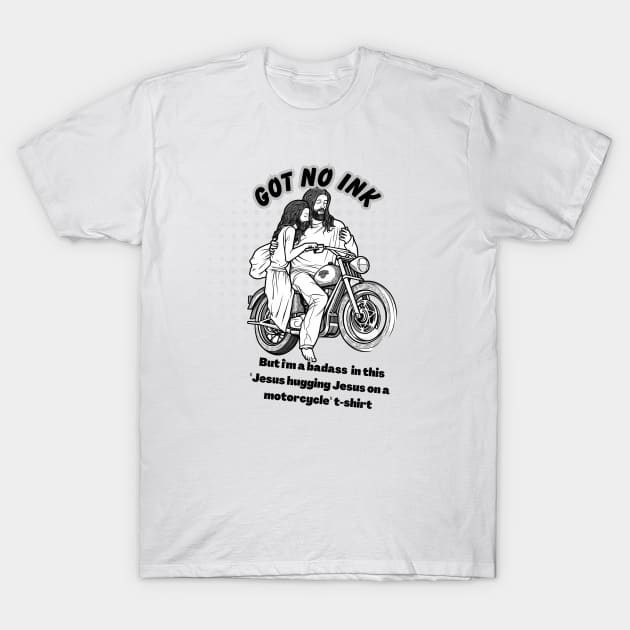 Jesus Hugging Jesus on a motorcycle T-Shirt by Pythic